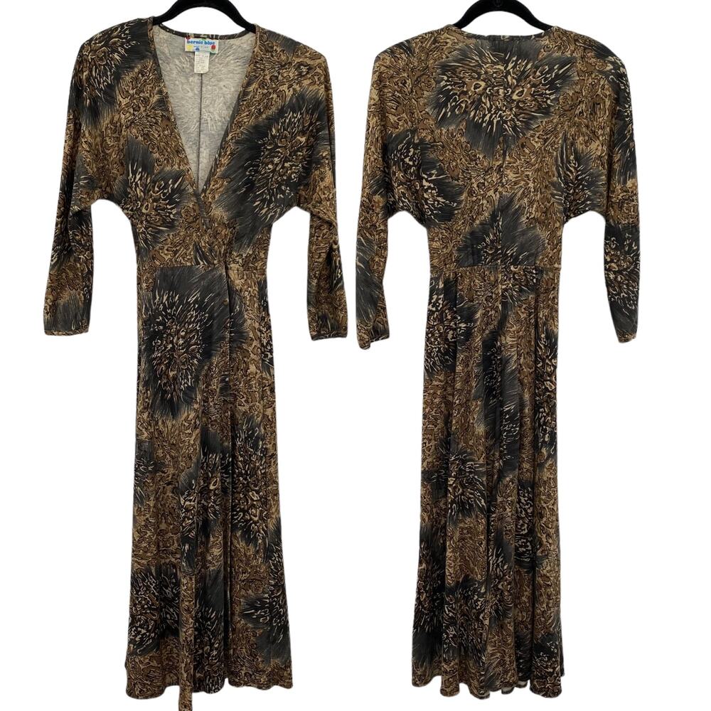 Vintage Bernie Blue Wrap Maxi Dress Structured Shoulders Dolman Sleeve Small